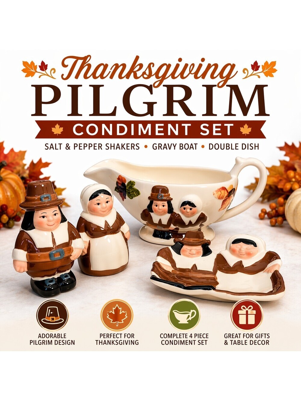 Publix Pilgrims Inc 2002 Thanksgiving Ceramic Set Gravy Boat Salt Pepper Relish